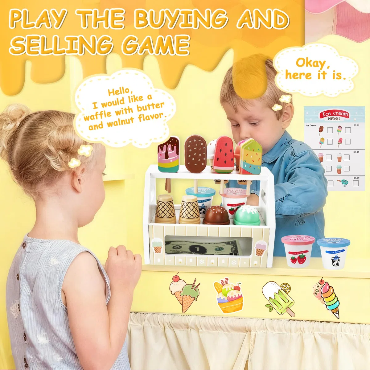 Gelateria Giocattolo per Bambini,Mini Giocattolo per Gelato in Legno,Montessori Gioco di Ruolo Educativo Regalo,Gelateria Giocattoli in Legno per Bambini da 3 4 5 6 Anni Ragazzi Ragazze