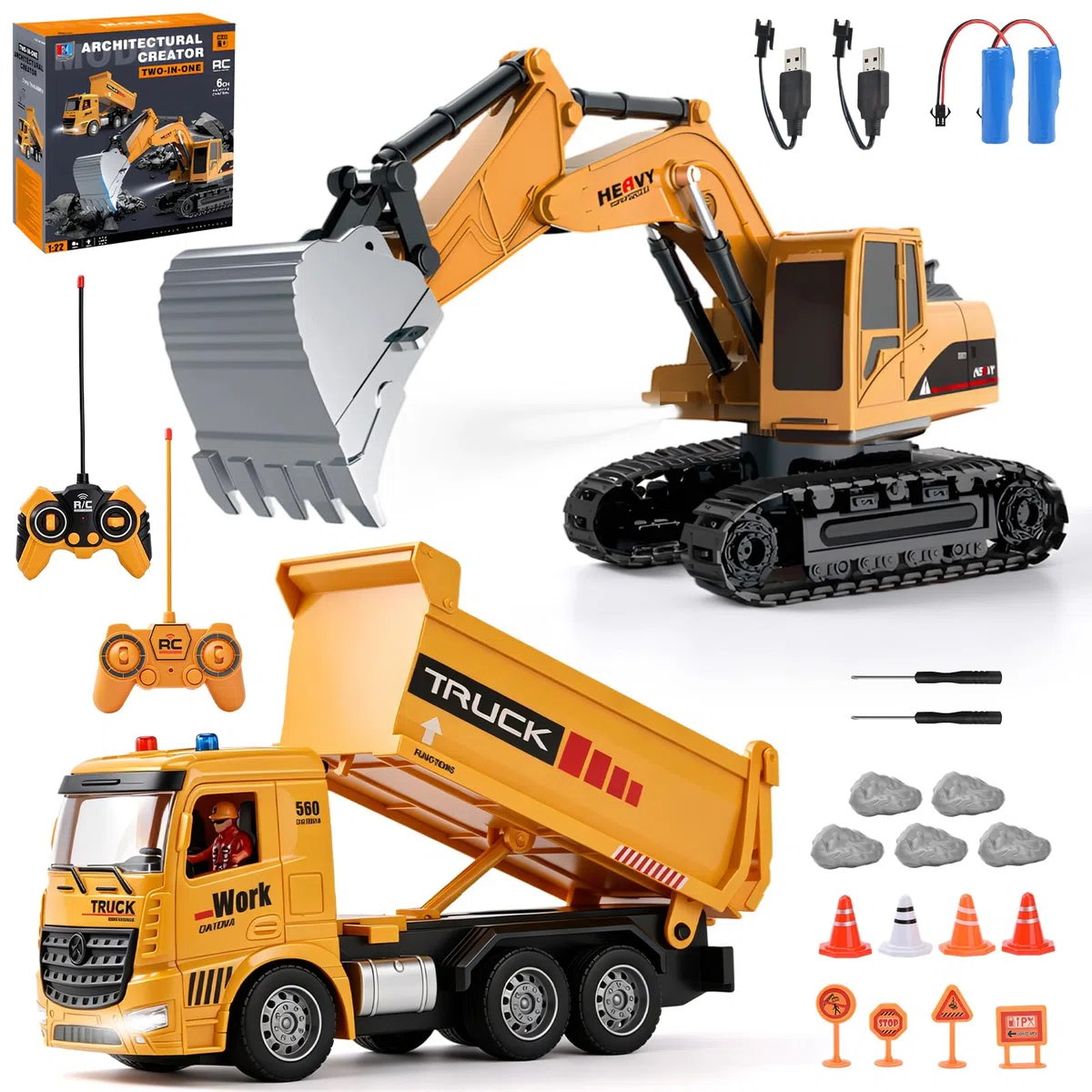 Camion Ribaltabile Telecomandato, 2.4GHz Veicolo da Costruzione RC per Bambini, Escavatore Radiocomandato con Barriere, Pietre Simulate, Luci e Rumori ecc, Giochi Bambini 4-12 Anni Regalo (A)