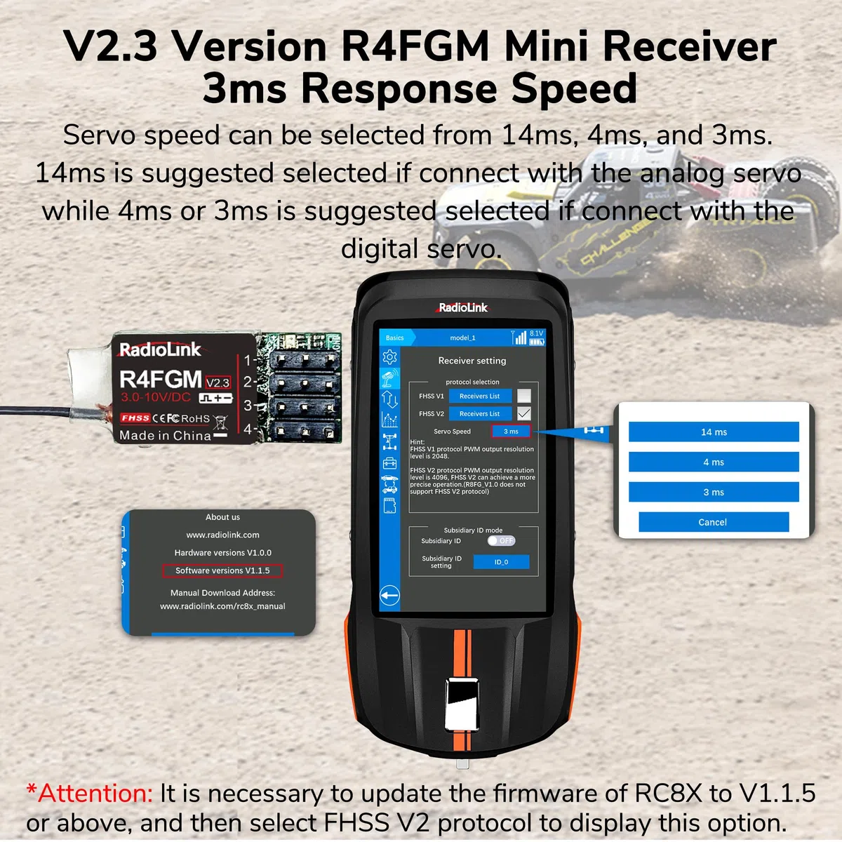 Radiolink R4FGM V2.1 2.4Ghz 4 Canali RC Gyro Ricevitore per Mini RC Auto 400m Controllo a Lungo Raggio per RC Telecomando RC8X/RC6GS V3/RC4GS V3