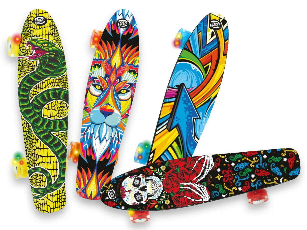 Teorema - Skateboard 57 cm, con Pedana Antiscivolo, Truck in Alluminio, Ruote 45 mm in PU trasparente con LED luminosi, Cuscinetti ABEC-7, Portata massima 100 kg