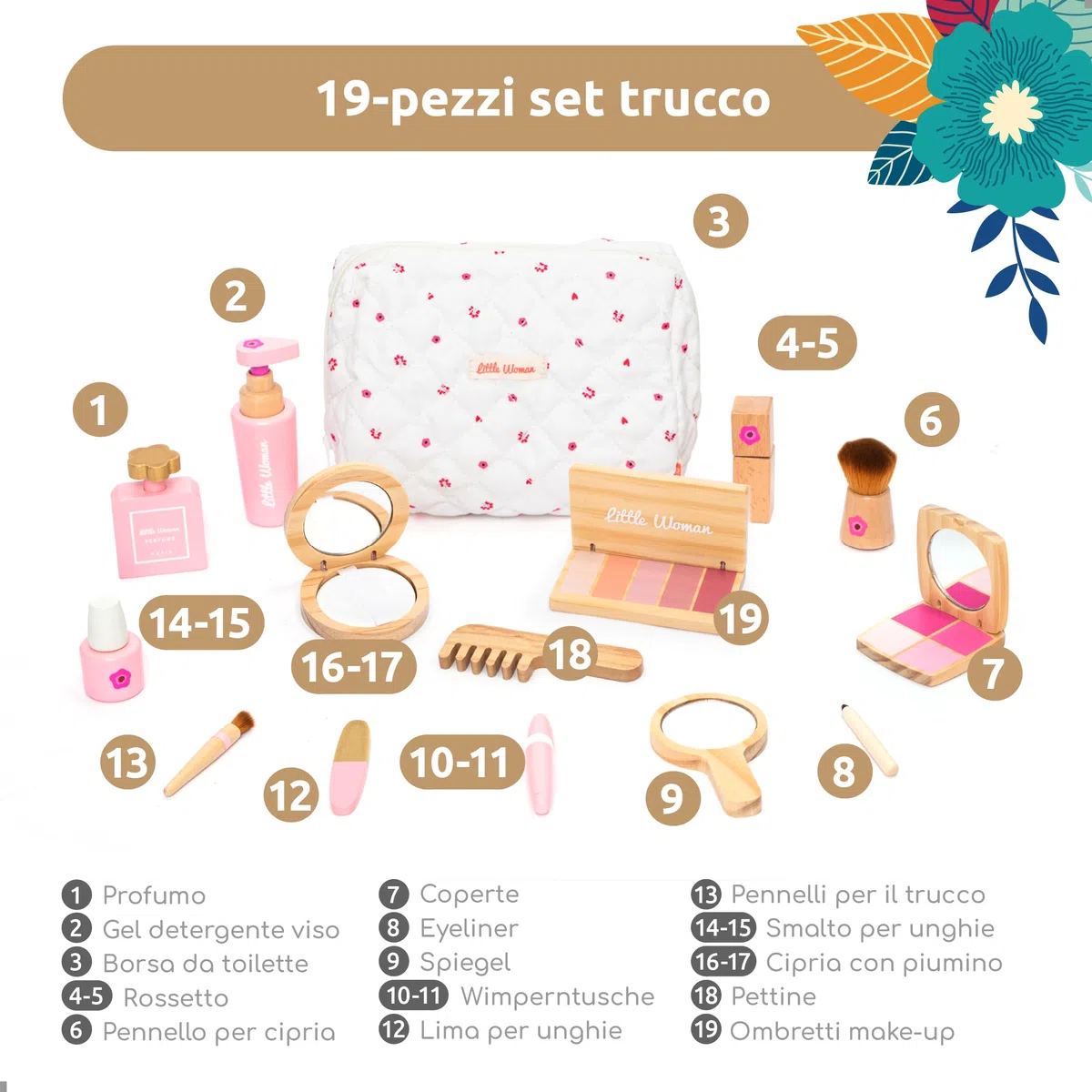 UMU Set trucco per bambini in legno – cosmetici e trucco set con trucco, rossetto, profumo, cipria e trousse – trucco per bambini da 3 4 5 6 anni