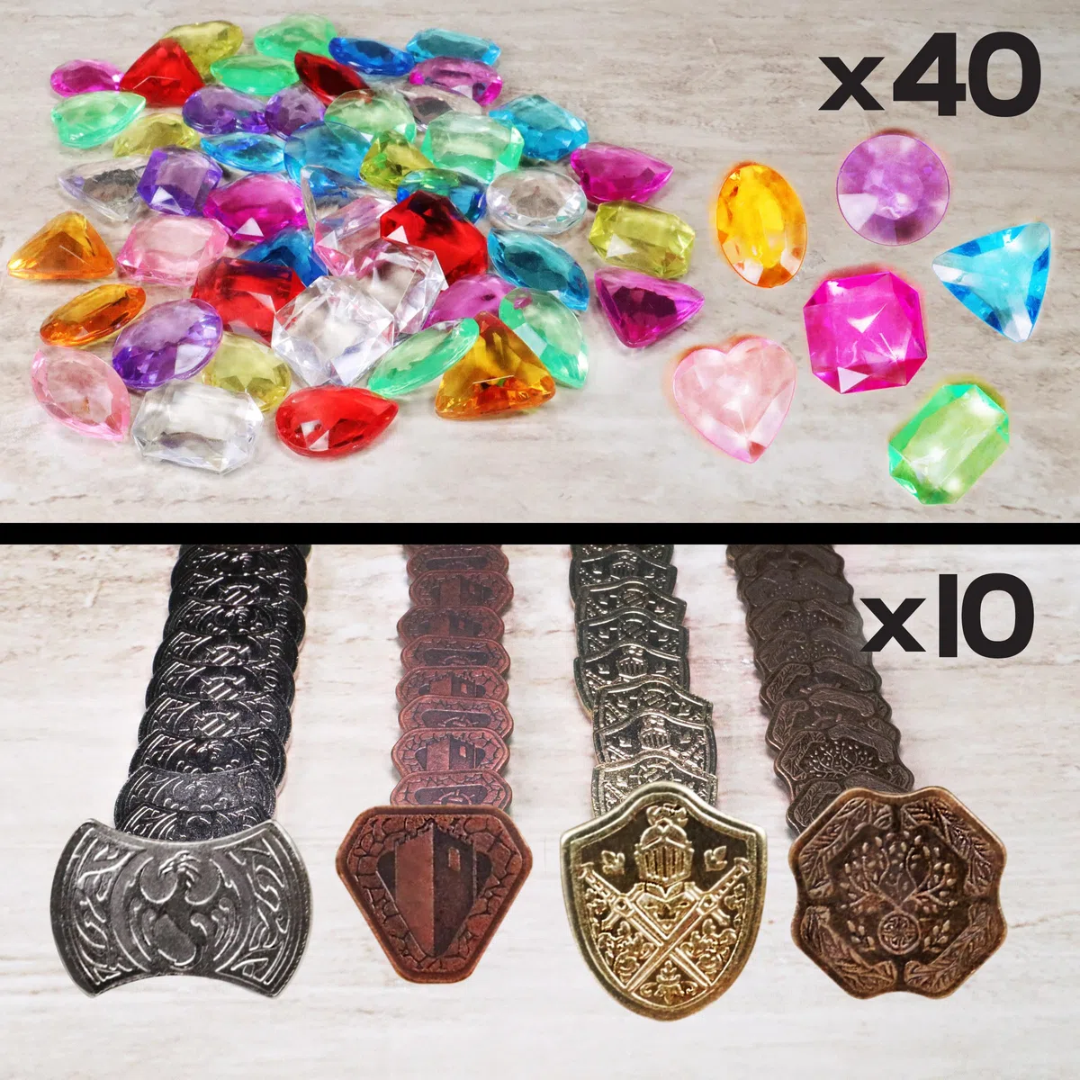 ENHANCE Set di Gettoni del Tesoro da Tavolo - 40 Gettoni MTG in Metallo (x10 per Ogni Design) con Gemme Assortite in Acrilico (Oltre 40) e Astuccio con Coulisse, Segnalini per Giochi di Ruolo