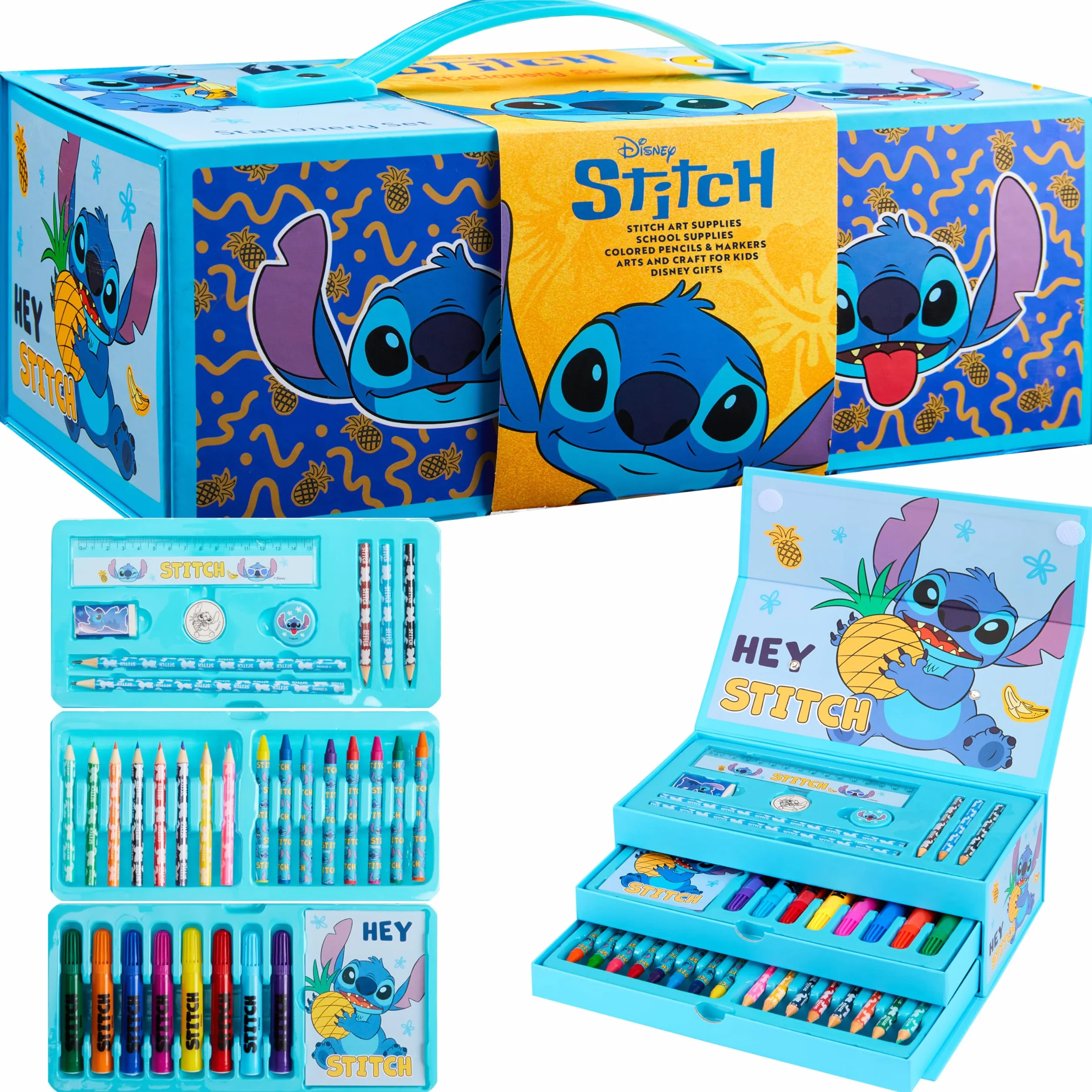 Disney Stitch Valigetta Colori per Bambini con Matite Colorate, Pastelli & Arte Accessori (Blu Stitch)