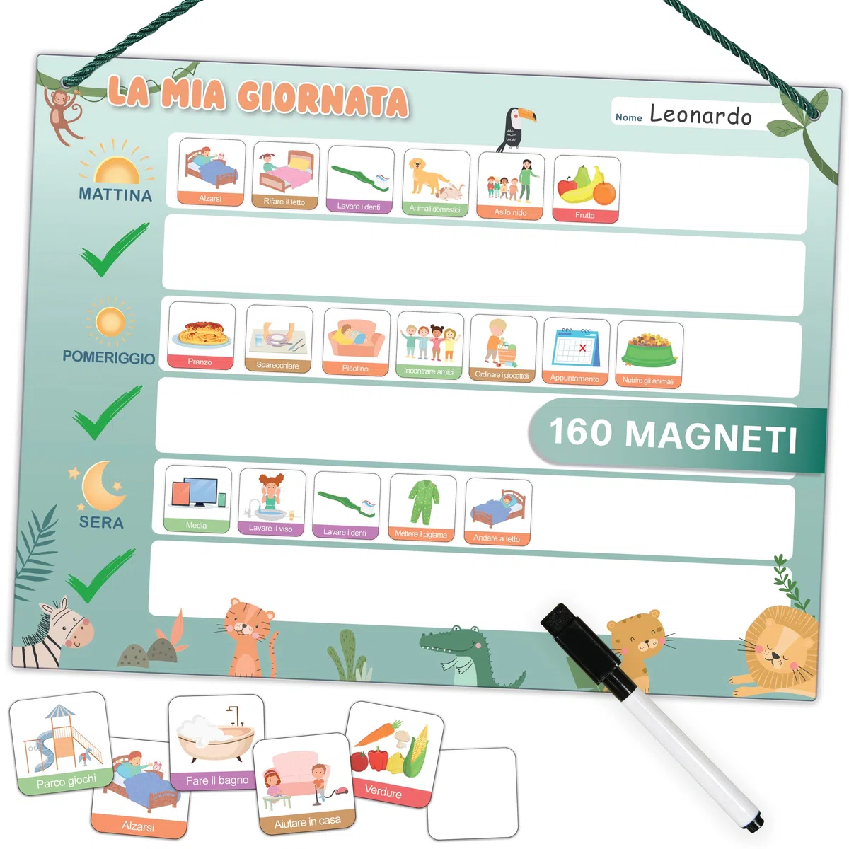 Calendario giornaliero per bambini - Lavagna magnetica Montessori dal design simpatico con 160 magneti e penna - Giochi educativi dai 3 anni - Calendario per bambini