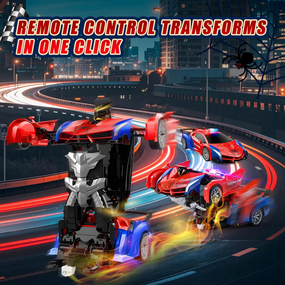 Macchina Telecomandata Spider, 2.4GHz Robot Trasformabile Spider RC Auto con Telecomando, 2 in 1 Macchina Polizia Giocattolo Bambini con Luce Lampeggiante, Auto Robot Trasformabile per Bambini