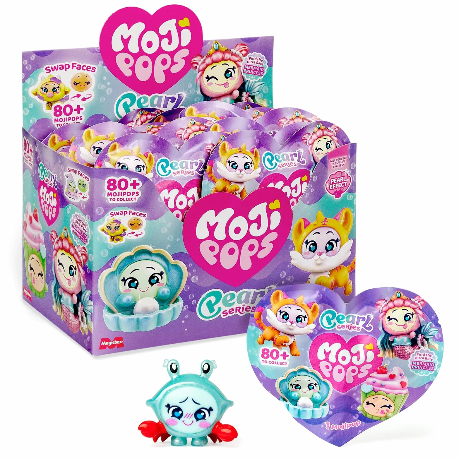 MOJI POPS Pearl Series - One Pack. Scatola con 24 buste a sorpresa con personaggi da collezione con faccine reversibili. Ogni bustina contiene 1 Mojipop Sorpresa e 1 Checklist