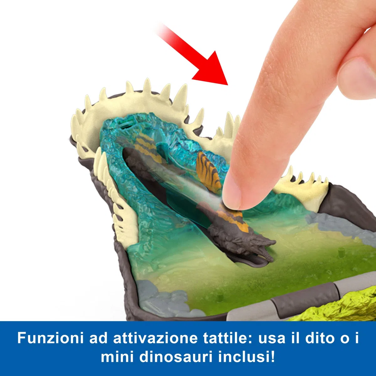 Mattel Jurassic World La Rinascita Micro Avventure, playset con testa di Spinosauro che si apre con 4 funzionalità interattive, 3 micro personaggi, dinosauro giocattolo, JGB98