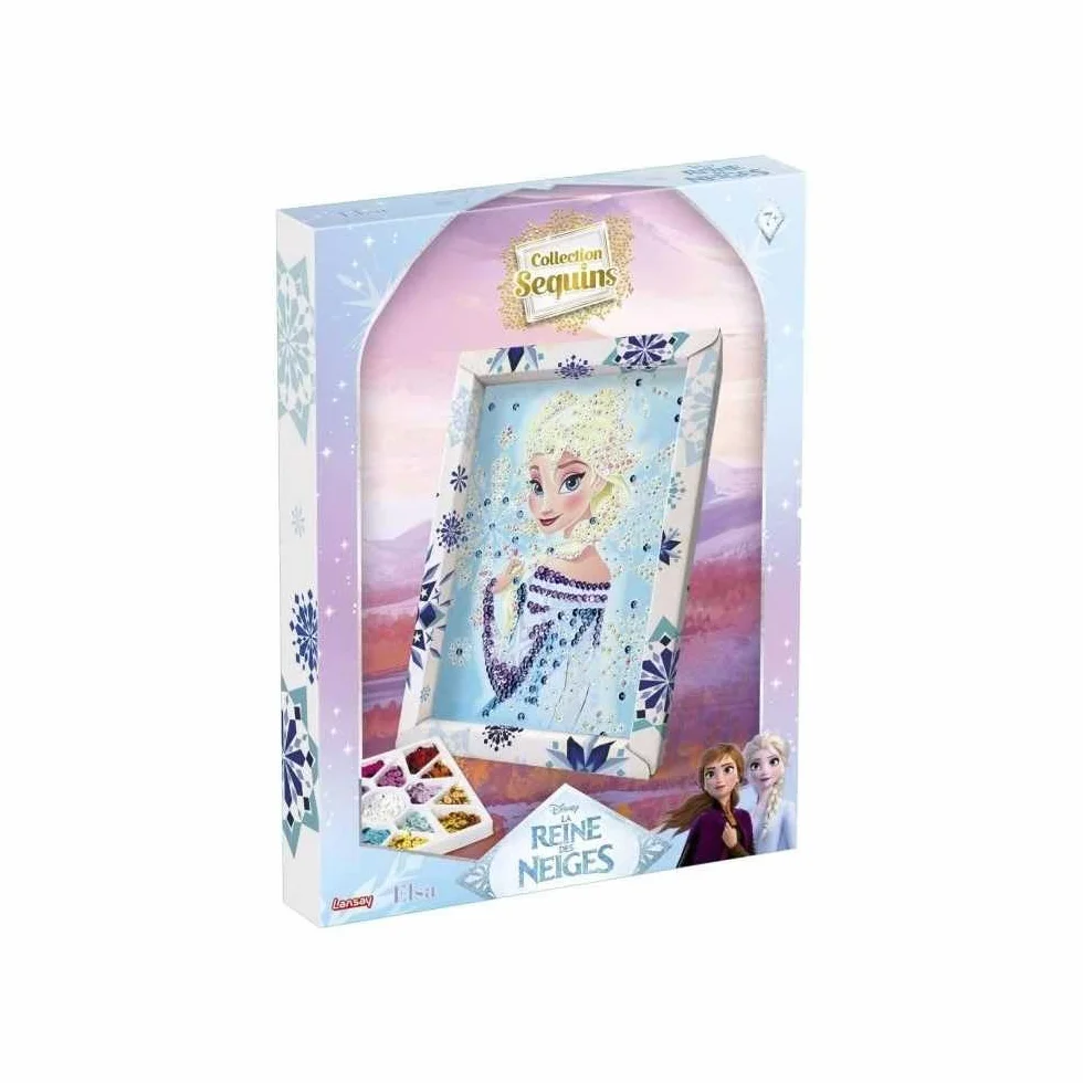 Lansay - COLLECTION SEQUINS - Elsa La Regina delle Nevi - Kit Mosaico con Paillettes per Bambini dai 7 Anni - Quadro Scintillante con Cornice, Paillettes e Spilli - Idea Regalo Creativa Disney