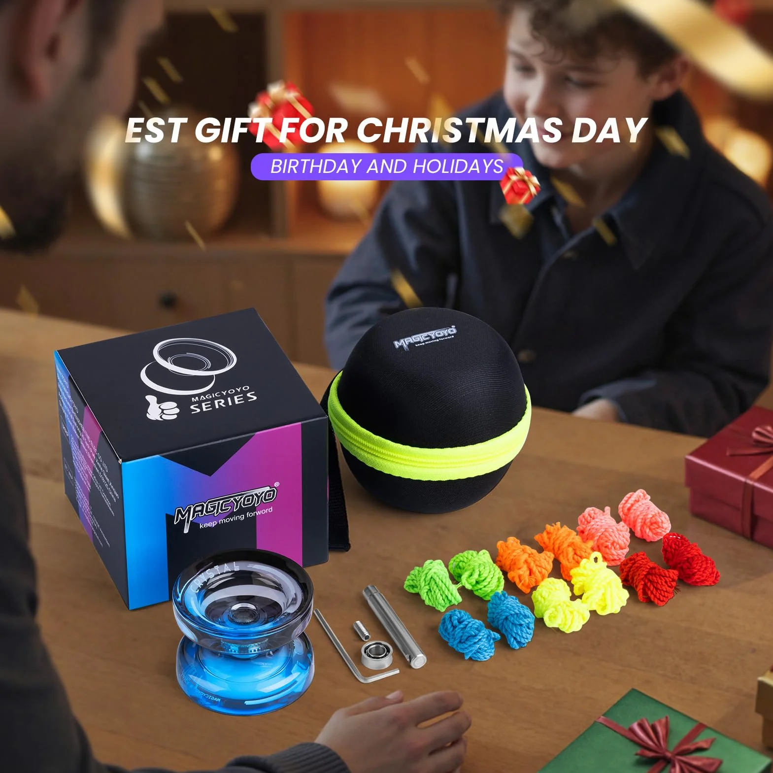 MAGICYOYO Yoyo reattivo per bambini K2 Crystal Black Blue, 2 in 1 - Yo Yo Yo reattivo e non responsivo, Yoyo trucco con rotazione delle dita con cuscinetto non responsivo, 12 corde, borsa Yo-Yo