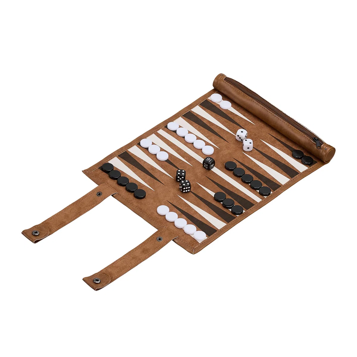 Relaxdays Backgammon da Viaggio, Campo da Gioco LxP: 32 x 26 cm, Arrotolabile, con Pedine e Dadi, Aspetto Pelle, Marrone