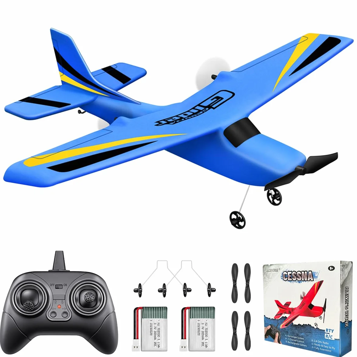 HAWK'S WORK Aereo RC a 2 Canali, Aliante RC Pronto a Volare, Cessna Telecomandato a 2.4 GHz, Giocattolo RC Facile da Pilotare per Bambini e Principianti (Blu)