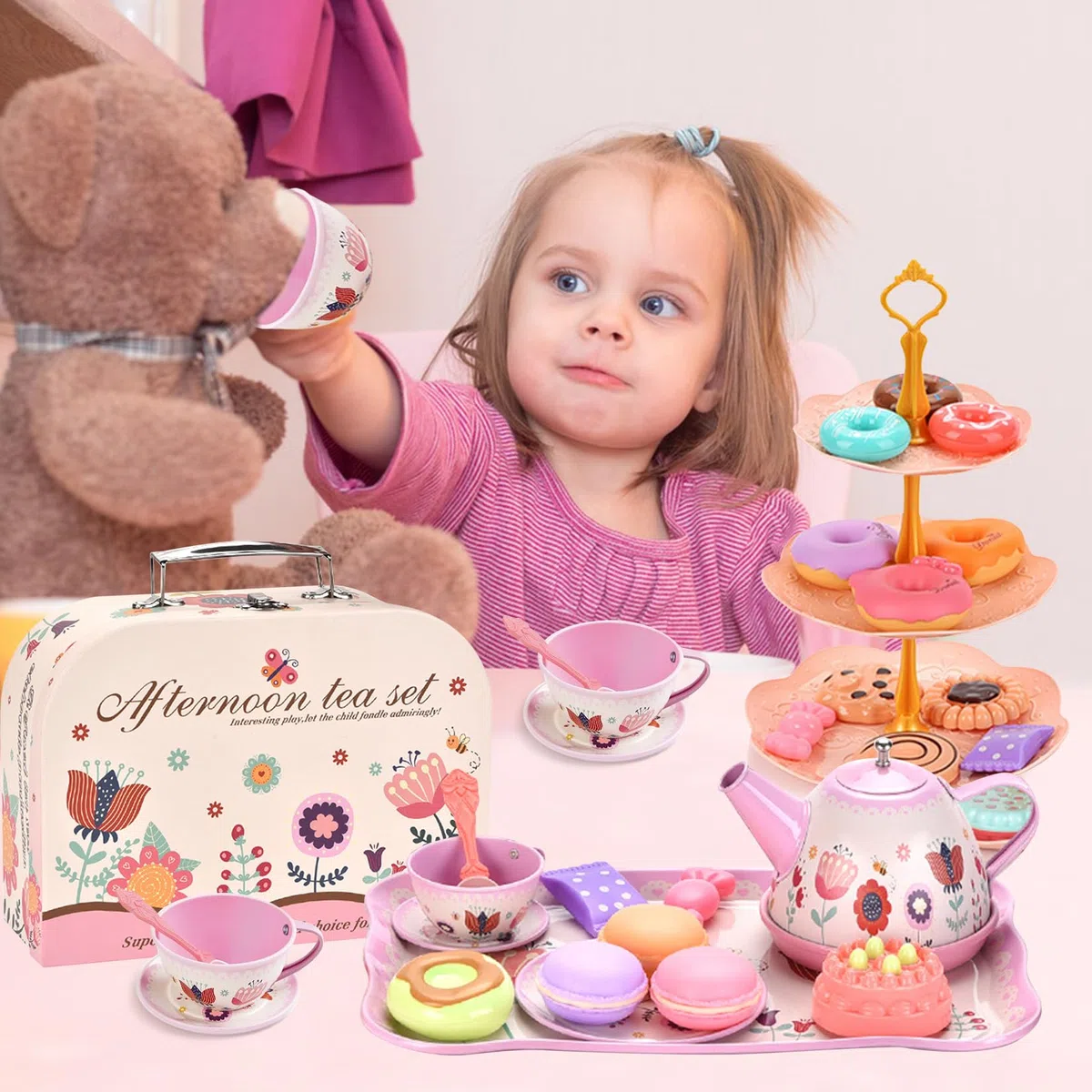 46 Pezzi Set da tè per Bambini Accessori per Cucina Giocattolo Valigetta con Giocattoli da Dessert con Tazze Piatti e Accessori Servizio da tè Completo per Regalo Giocattoli Bambine 3-9 Anni