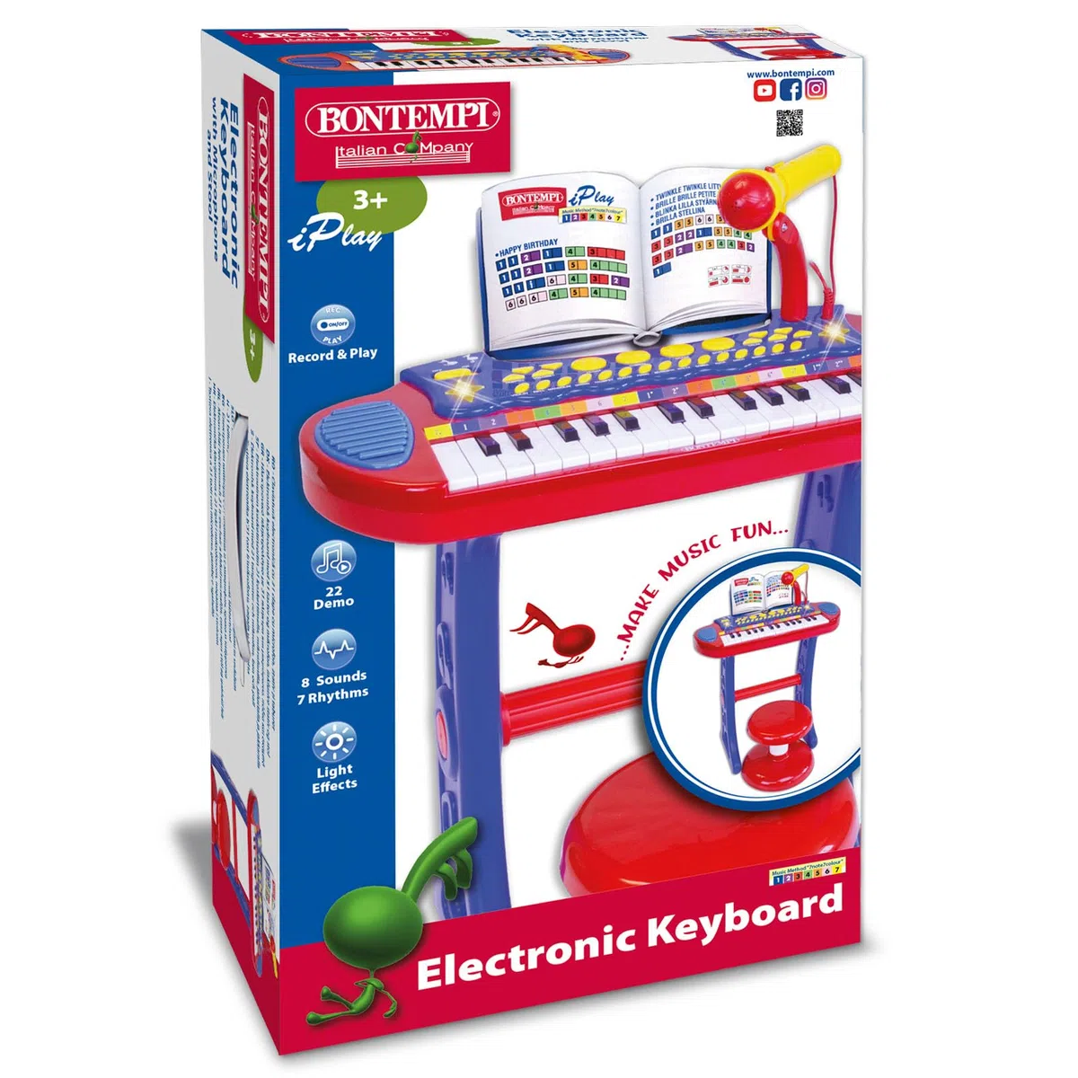 Bontempi | MiniMaestro - Tastiera Giocattolo Elettronica a 31 Tasti con Microfono e Accessori, Blu e Rosso, 450x430x610 mm