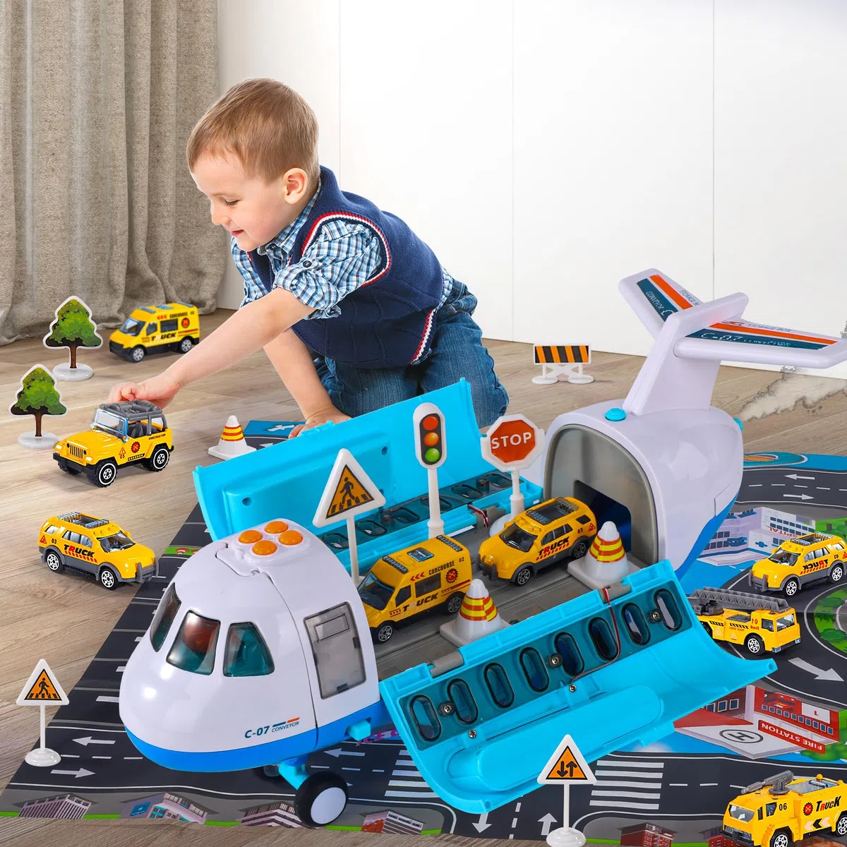 Ci Vetch Giocattolo aereo con fumo, luce e suono, 16 pollici grande trasporto aereo merci- 6 camion da costruzione, alimentato da Fricton, regalo giocattolo per ragazzi per 2 3 4 5 6 anni