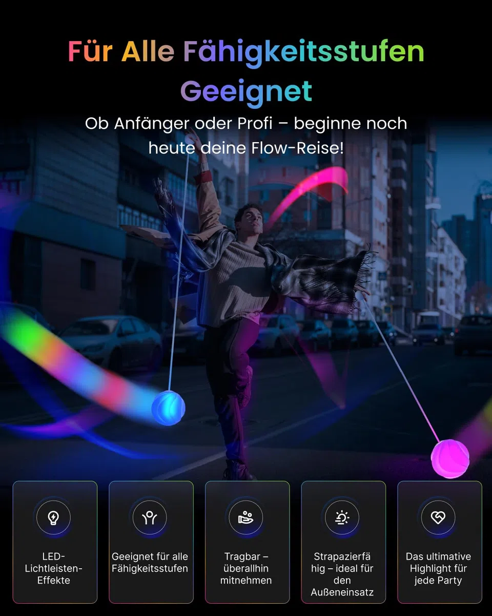 LED-Poi-Bälle – 9 Modalità di Illuminazione con Luce Arcobaleno & Respirante, Palle da Giocoleria Luminose per Bambini & Principianti – Giocattolo Luminoso USB Ricaricabile per Giochi