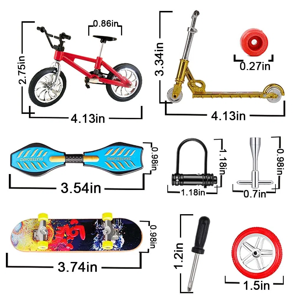 Morofme Set di 18 mini giocattoli per dita, skateboard per dita, bicicletta, monopattino, minuscolo, punta delle dita, ruote di ricambio, attrezzi