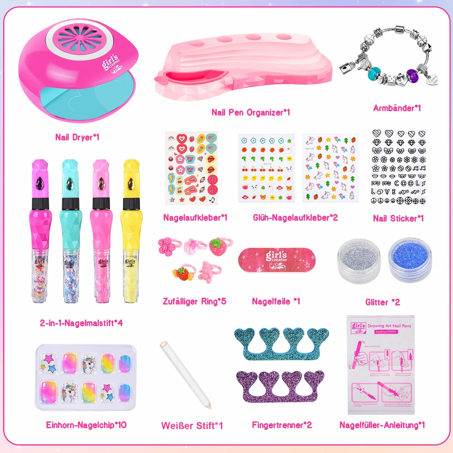 Herenear Kit Unghie, Set Manicure Gioco per Bambina, Smalti, Regalo 6-12 Anni, Nail Art, Set Trucchi Compleanno Ragazza