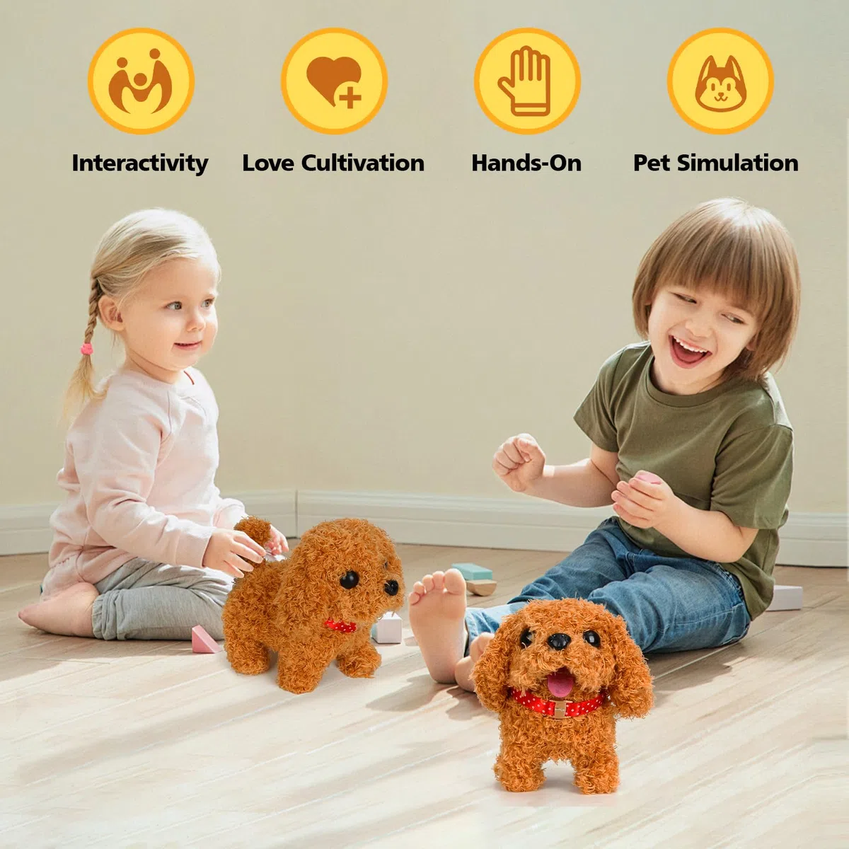 Cane Robot Interattivo, 2x Cagnolino Elettronico Realistico che Cammina e Abbaia - Giocattolo Cane di Peluche con Movimento e Suono - Regalo per Bambini e Bambine 2 3 4 5 6 7 Anni