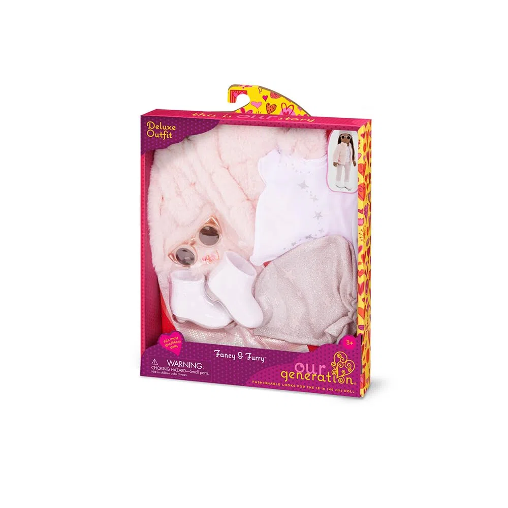 Our Generation - Fantasia e pelliccia - Completo da cappotto in pelliccia sintetica rosa - Accessori moda - Vestiti per bambole da 46 cm - Gioco di finzione - Giocattolo per bambini dai 3 anni in su