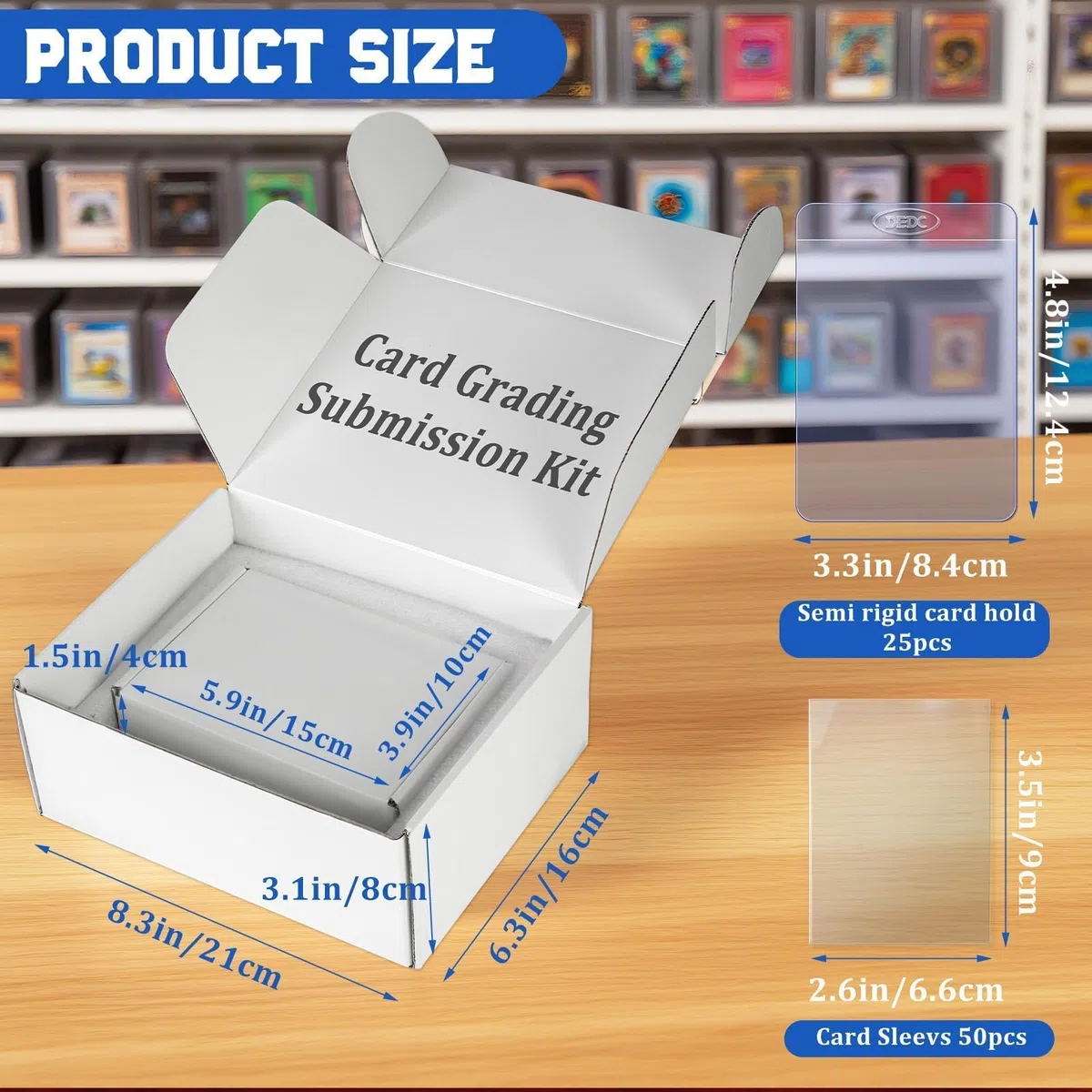 Kit di invio per classificazione delle carte, scatola di spedizione per PSA, CGC, SGC - 25 porta carte semi rigidi, 25 custodie per carte, 1 etichetta di spedizione + 1 panno per la pulizia