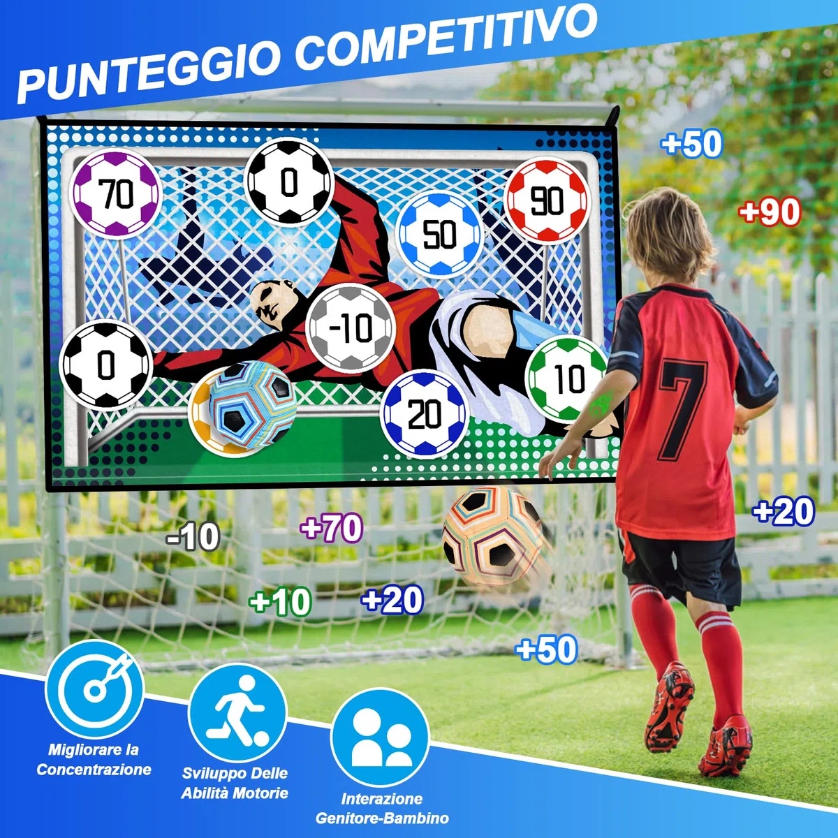 JONRRYIN Set da Gioco con Pallone da Calcio per Bambini di 3 4 5 6 7 8 Anni, Porta da Calcio in Cortile per Interni ed Esterni con Palline in Velcro, Regalo di Compleanno per Ragazzi e Ragazze