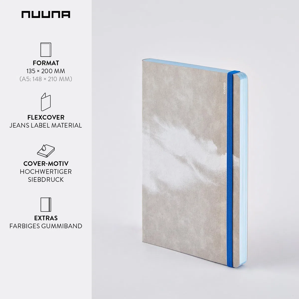 nuuna Inspiration Book M Quaderno A5, pagine colorate blu nuvola con motivi, 120 g, carta di alta qualità, JeansLabel grigio, prodotto in Germania in modo sostenibile