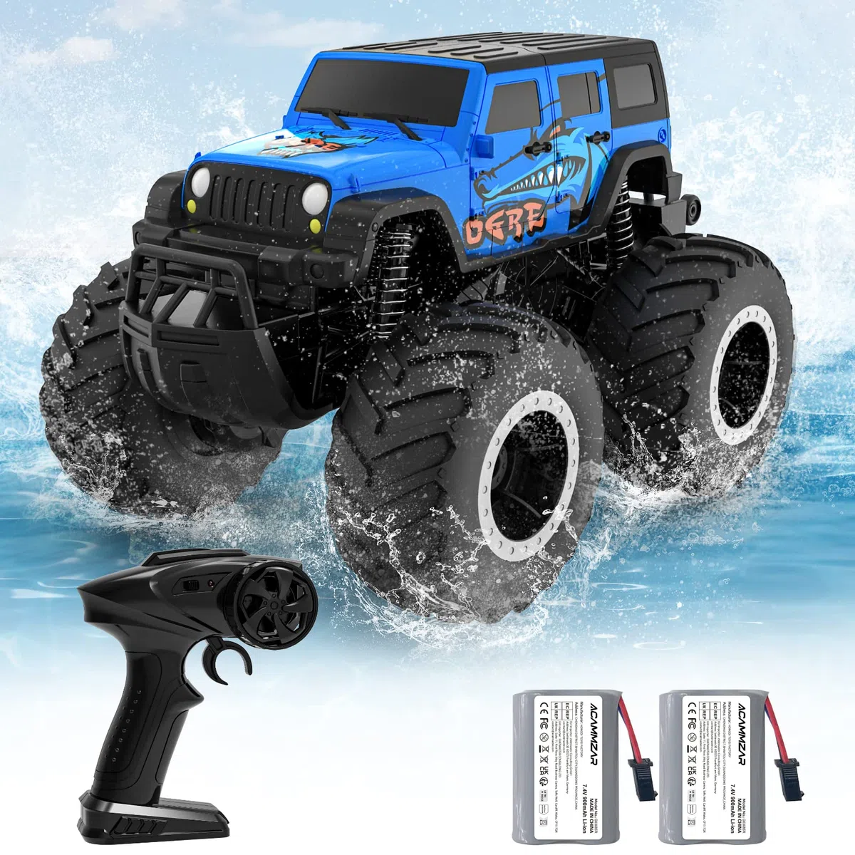 ACAMMZAR Anfibio Macchina Telecomandata per Bambini, 2.4GHz 4WD Impermeabile Doppio lato Monster Truck per ragazzi Off-Road Auto RC con 2 batterie 4 5 6 7 8 Ragazzi Ragazze Regali, Blue