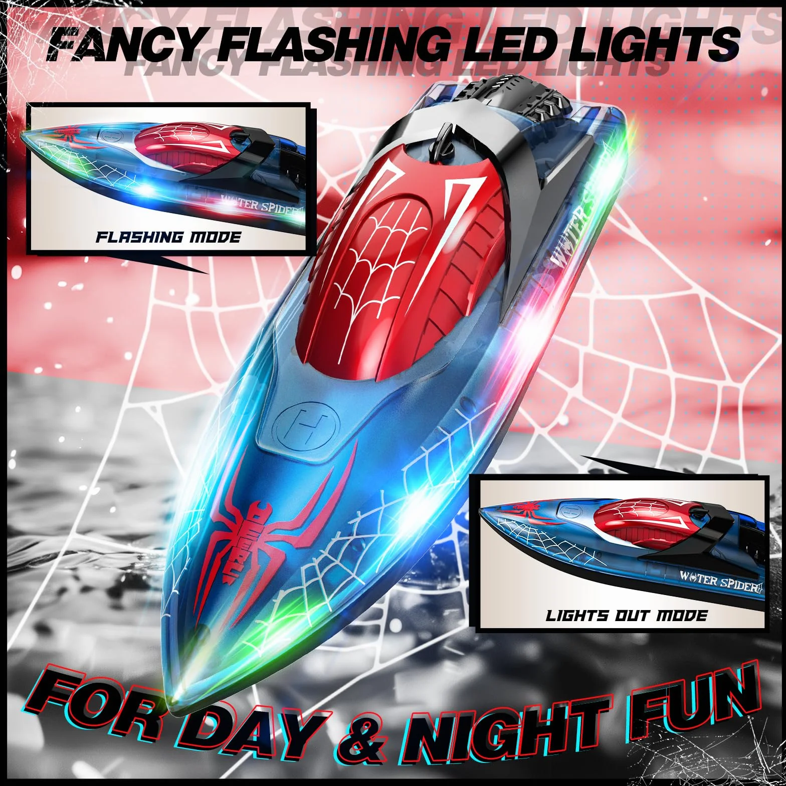 DEERC Spider Barca telecomandata con luce LED per bambini, Barca RC completamente proporzionale da 2,4 GHz per piscine e laghi, Durata batteria 80 minuti, Recupero capovolgimento