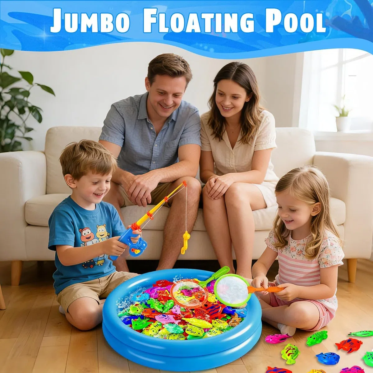 Set di pesca alla linea magnetica XXL 59 pezzi con piscina per bambini, giocattolo d'acqua e piscina per bambini 3 4 5 anni, set completo per giardino, spiaggia e bagno, inclusi 4 canne da pesca, 4