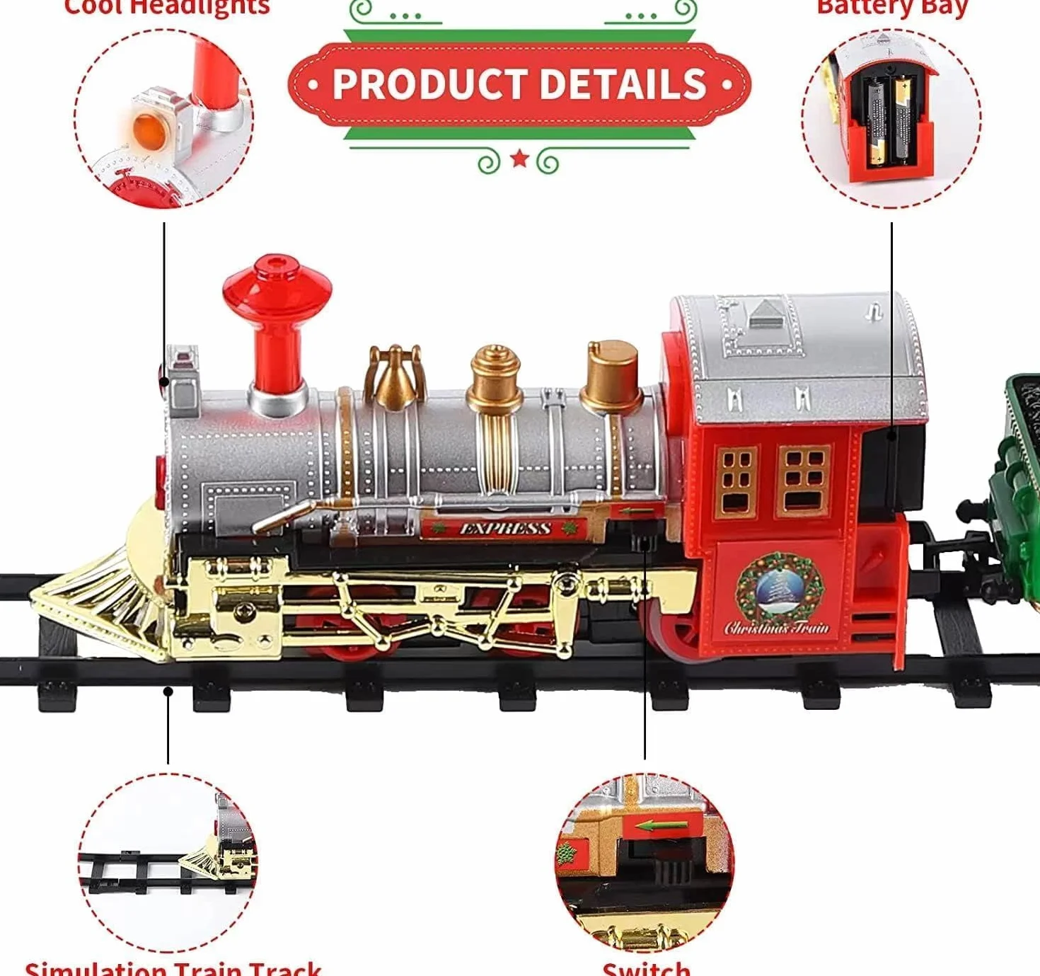 Trenino Elettrico per Bambini,Trenino Natalizio ，Luci e Suoni, Giocattolo con Binari Ferroviario, Set Pista Treno Elettrico, Regalo Natale Compleanno Educativo per Bambini