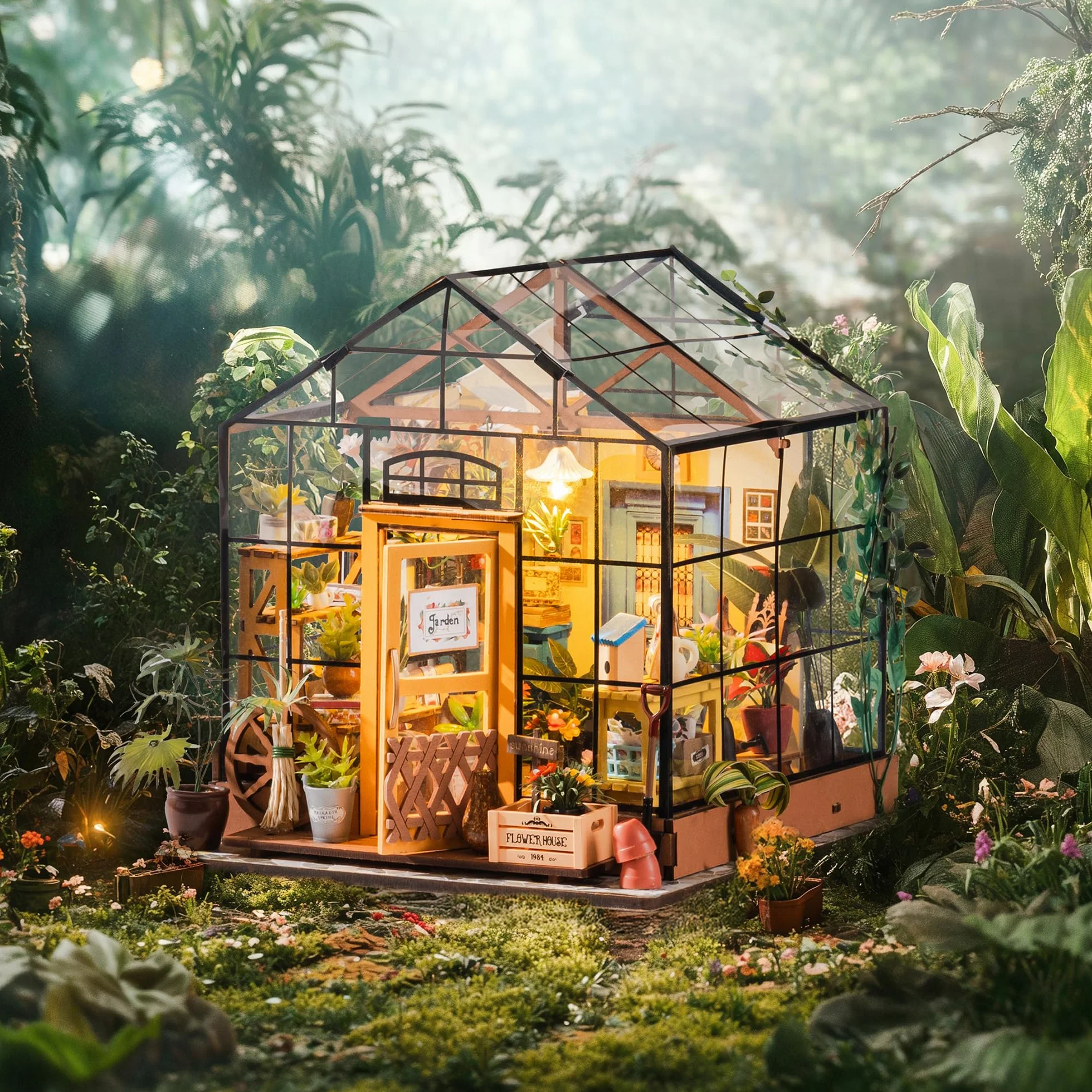 Rolife - Kit per casa delle bambole in miniatura fai da te, scala 1:24, con serra in legno e mobili in miniature, per donne, bambine, bambini, regalo per compleanno, Natale e San Valentino