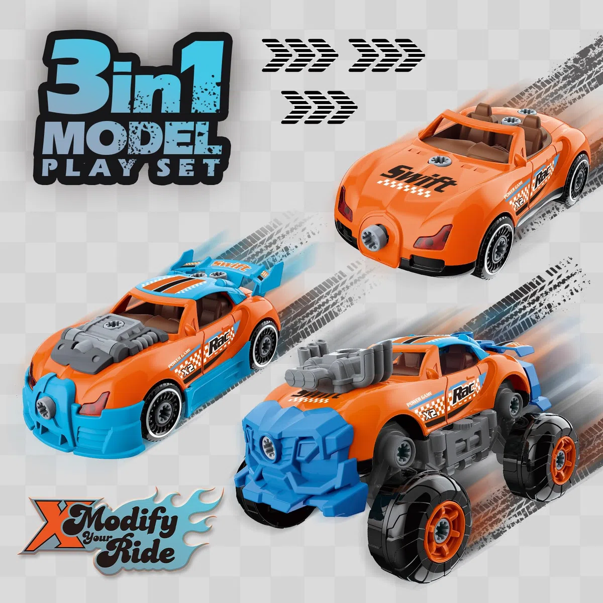 Pup Go Auto 3-in-1 Smontabile per Ragazzi di 3 4 5 6 7 8 Anni, 43 Pezzi con Trapano Elettrico, Giocattolo Camion da Costruzione, Costruisci la Tua Auto, Regalo Giochi Ideale per Bambini (Arancione)