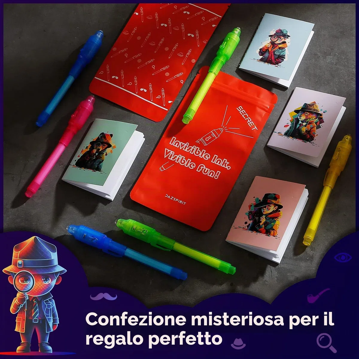 DazSpirit 32pcs Penna Inchiostro Invisibile e Taccuino, Tema Investigativo Penna Invisibile con Luce Gadget Compleanno Bambini, Penne Invisibili per Scrivere Messaggi Segreti (DB0002)