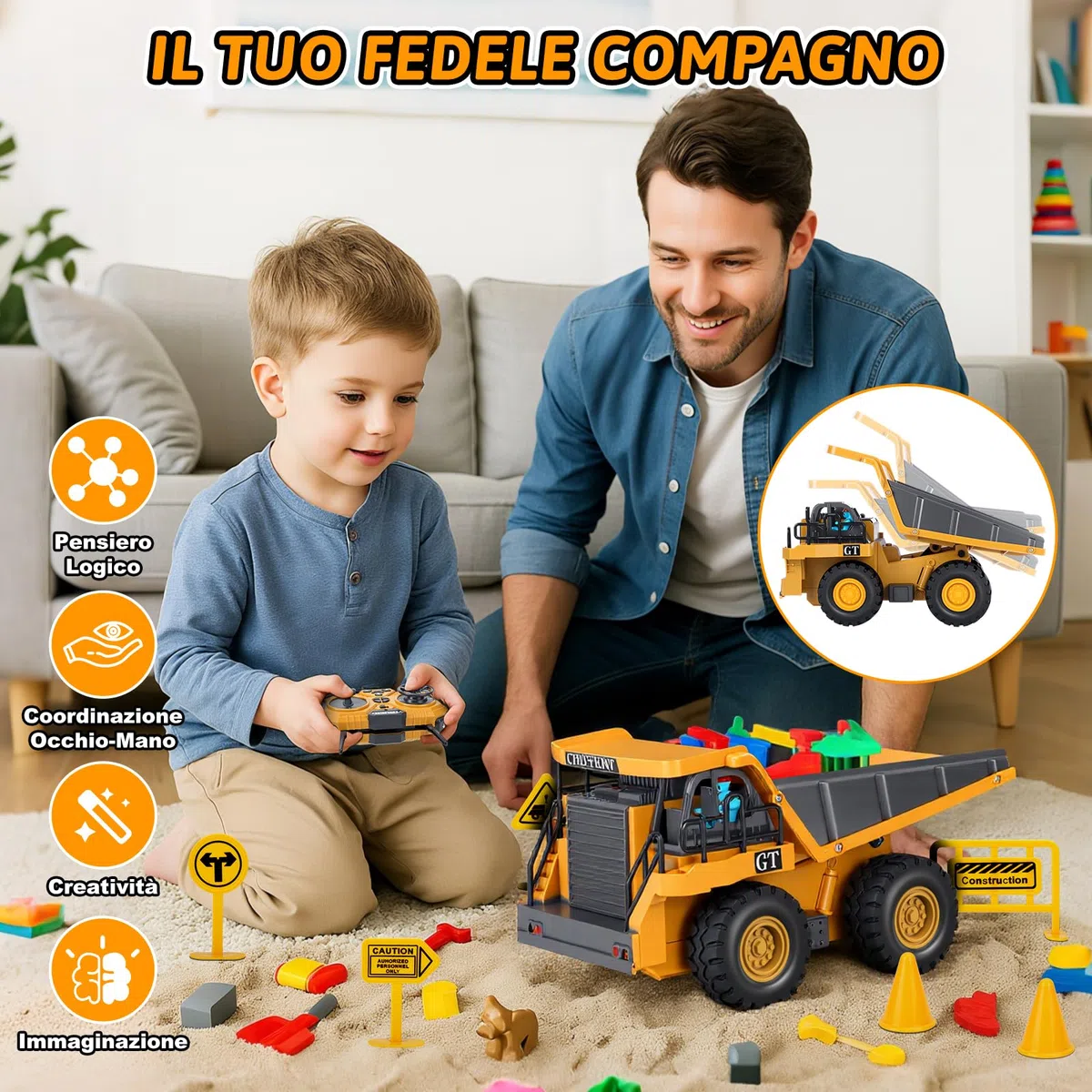 Camion Ribaltabile Telecomandato, 2.4GHz Veicolo da Costruzione RC per Bambini, 9 Canali Camion Radiocomandato con Luci e Suoni, Camion Telecomandato per Ragazzi e Ragazze dai 3 anni