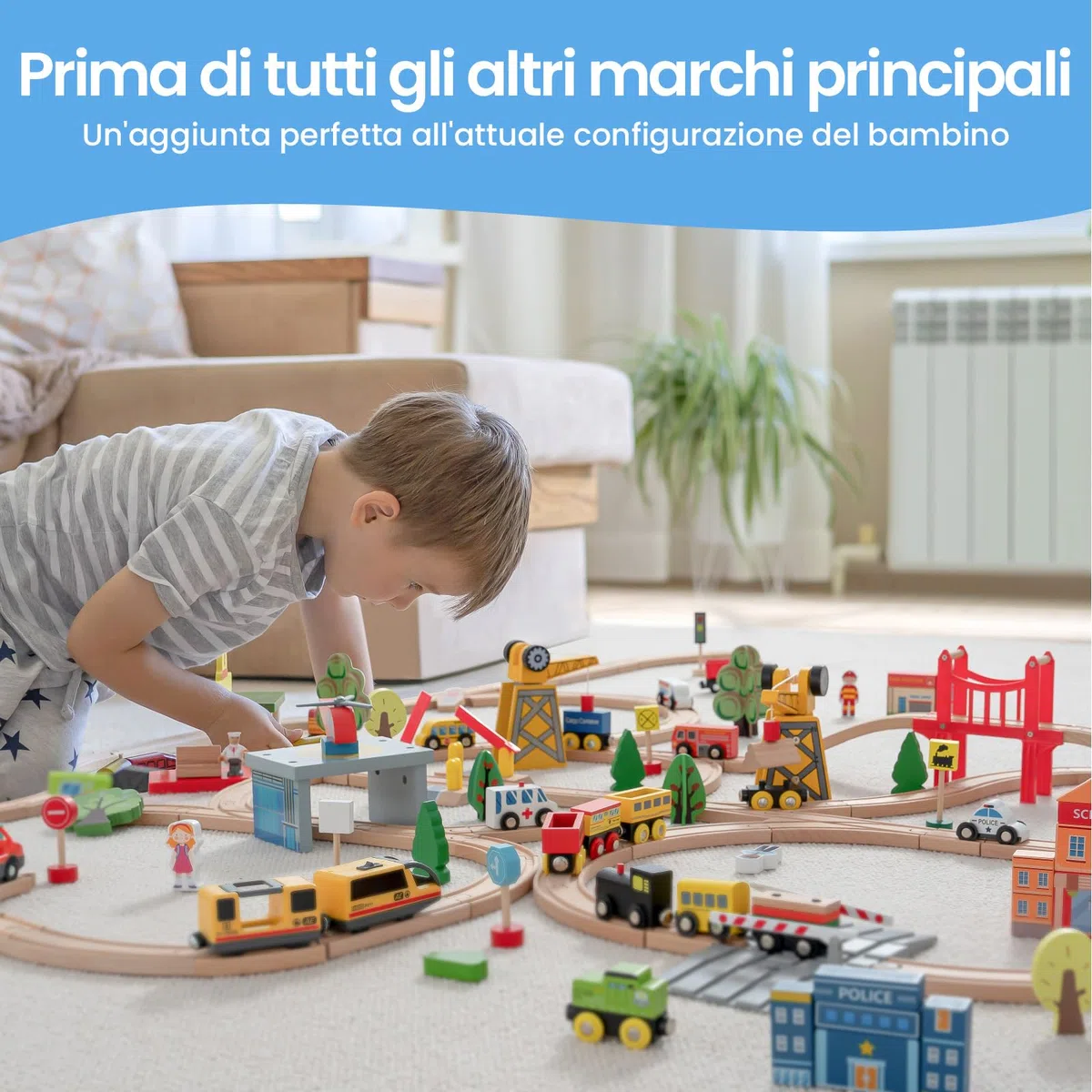 Tiny Land Set di 55 pezzi per gru e treni esclusivi, compatible con tutte le principali marche di treni in legno