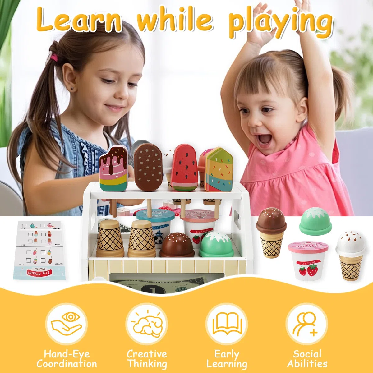 Gelateria Giocattolo per Bambini,Mini Giocattolo per Gelato in Legno,Montessori Gioco di Ruolo Educativo Regalo,Gelateria Giocattoli in Legno per Bambini da 3 4 5 6 Anni Ragazzi Ragazze