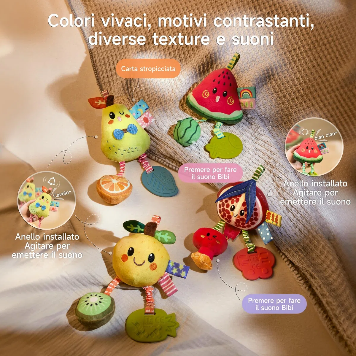 TUMAMA Giochi Sonaglio Per Neonato 0 3 4 6 9 12 Mesi, Gioco Montessori Sensoriali Per Neonati Passeggino Accessori Con Campana, Peluche Frutta Giocattoli Per Auto Culla Femmina Maschio Regalo (4pcs)