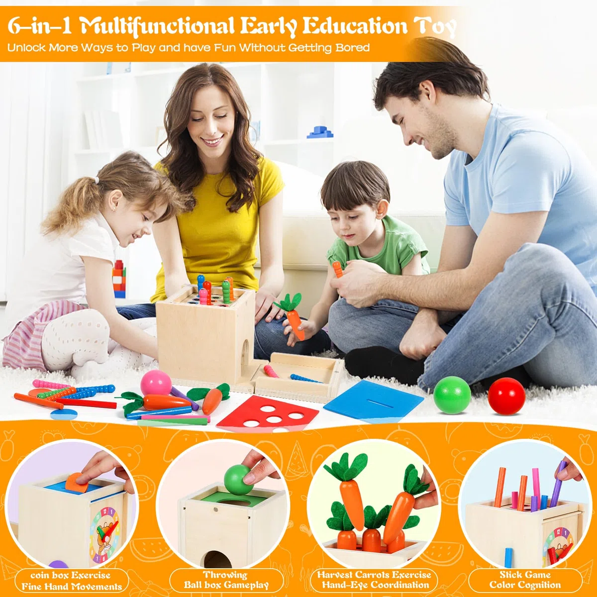 Purpledi Giochi Legno Bambini, 6 in 1 Giochi Montessori Cubo Multiattivita Legno Gioco per 1 2 3 Anni Ragazzi Ragazze, Interattivo Giocattoli Educativi per Bambini Come Regalo di Natale (A)