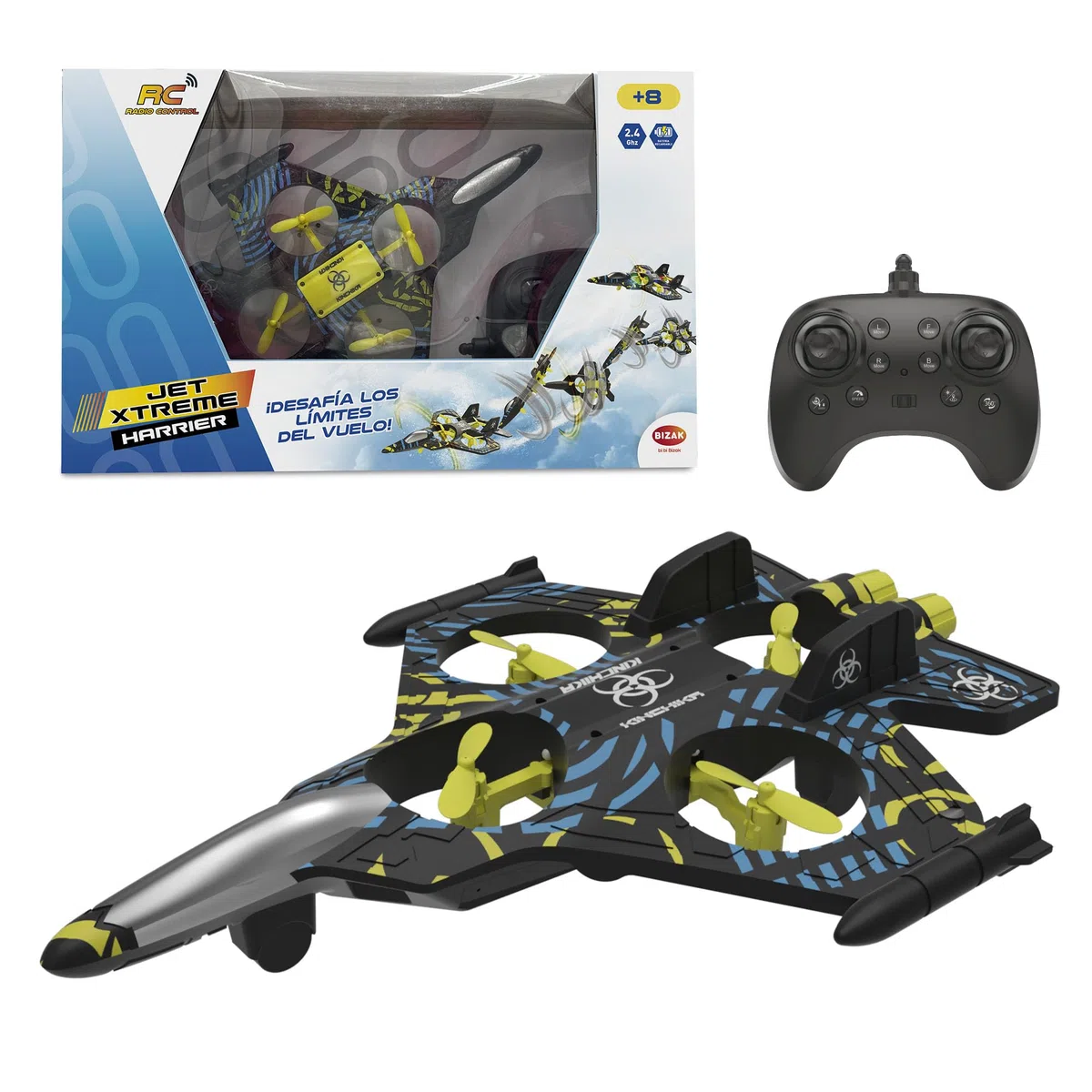 Bizak Jet Xtreme Harrier Aereo RC 4 Canali, Acrobazie e Decollo Automatico, Stabile e Preciso, Luci LED, +8 anni, (65430001)