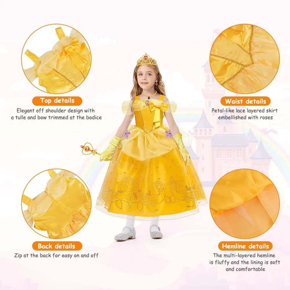 Belle Costume, Ragazze La Bella e La Bestia Costumi, 6 Pezzi Principessa Belle Vestito, con Corona Bacchetta Guanti, Ragazze Bella Abiti Set per Cosplay Natale Festa Party Halloween, 140