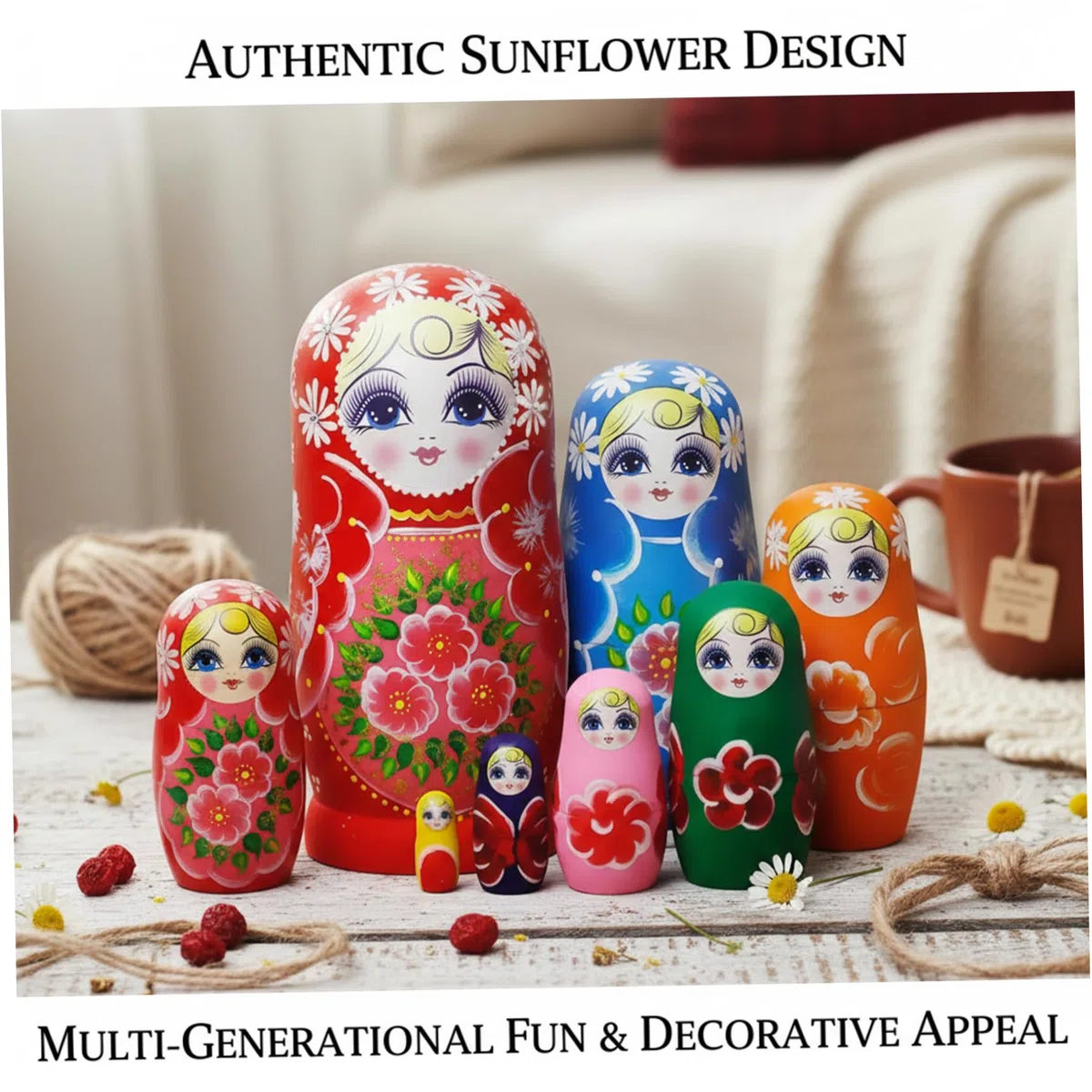 Set di 7 bambole russe che nidificano, matrioska in legno con stampa girasole, giocattolo decorativo per collezionisti di bambini e adulti