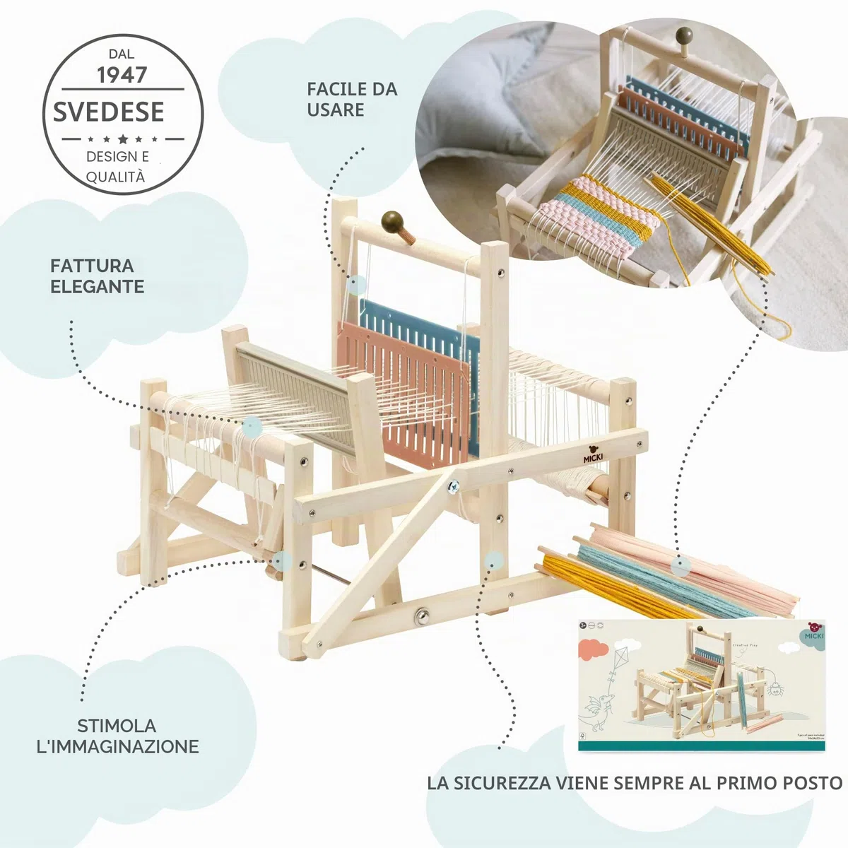 Micki Kit telaio in legno per tessitura + filato per tessitura, arti e mestieri per bambini, regali per ragazze e ragazzi, età 3+