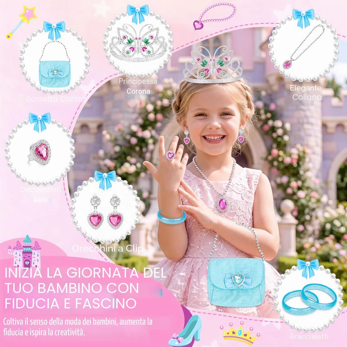 deAO Boutique Gioielli da Principessa con 4 Paia di Scarpe, bracciali, Collana, Borsa, Orecchini e Corona a Forma di Farfalla Tiara Inclusi