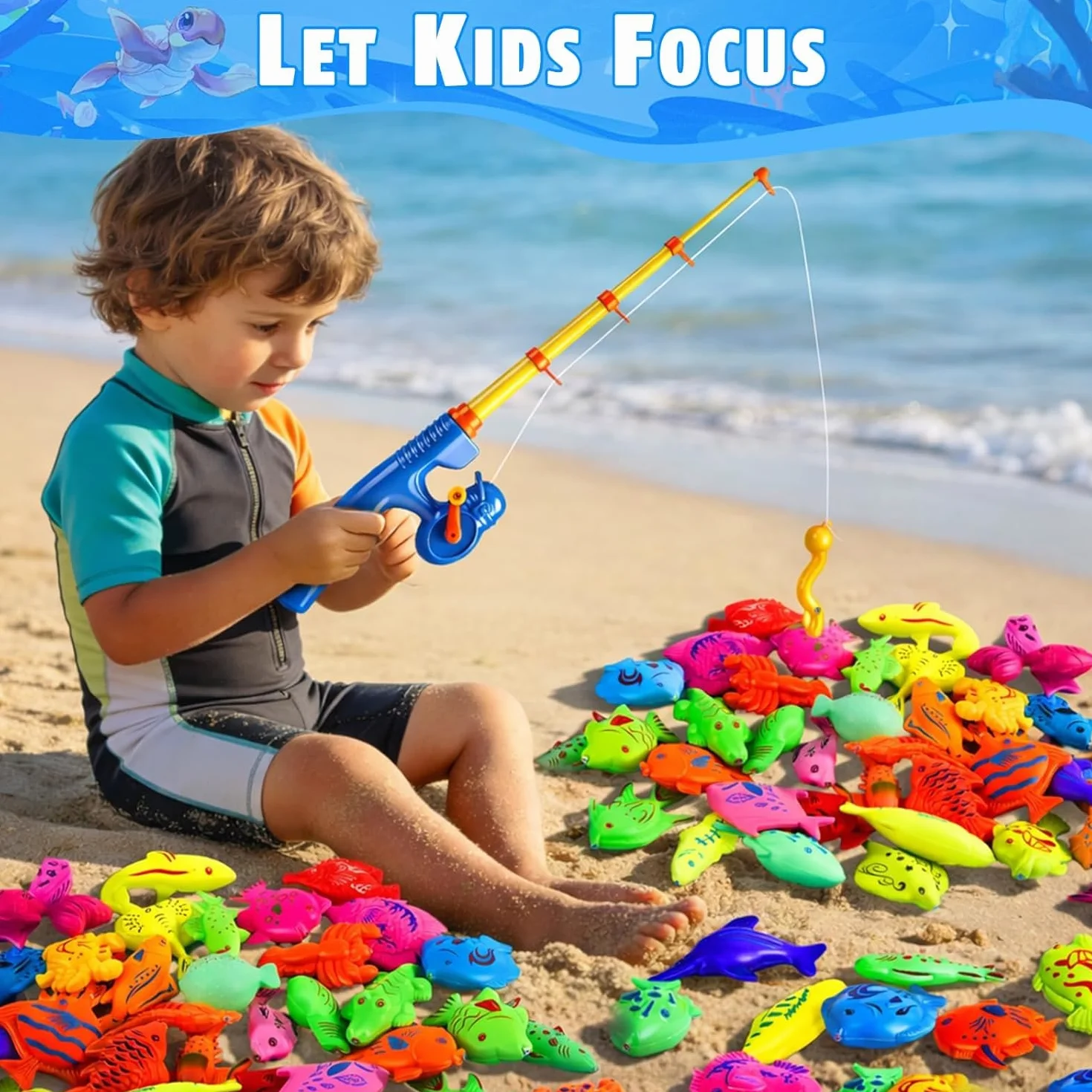 Set di pesca alla linea magnetica XXL 59 pezzi con piscina per bambini, giocattolo d'acqua e piscina per bambini 3 4 5 anni, set completo per giardino, spiaggia e bagno, inclusi 4 canne da pesca, 4