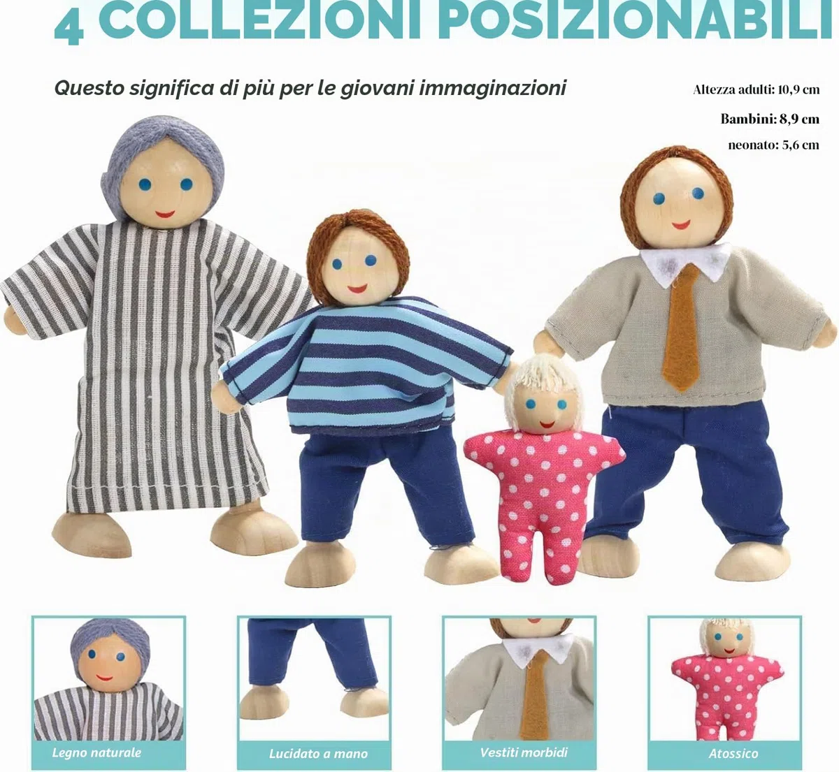 Giant bean Set di Mobili Casa Bambole Legno, 36 Mobili Casa Bambole con 4 Bambole di Famiglia, Accessori Casa Delle Bambole, Giocattoli Per Bambini dai 3 Anni In Su