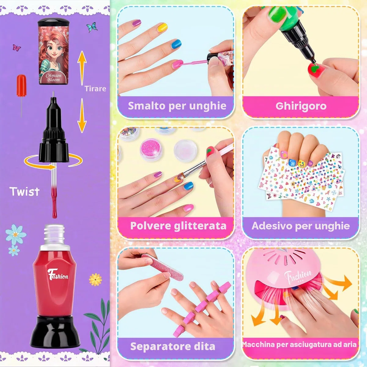 Regalo Bambina 6 7 8 9 10 Anni: Smalto Unghie Bambini, Smalti Non Tossico Staccabile Kit Unghie con Penna Asciuga Smalto, Regali di Compleanno per Ragazze, Salone Bellezza Giochi 5-12 Anni Femmina