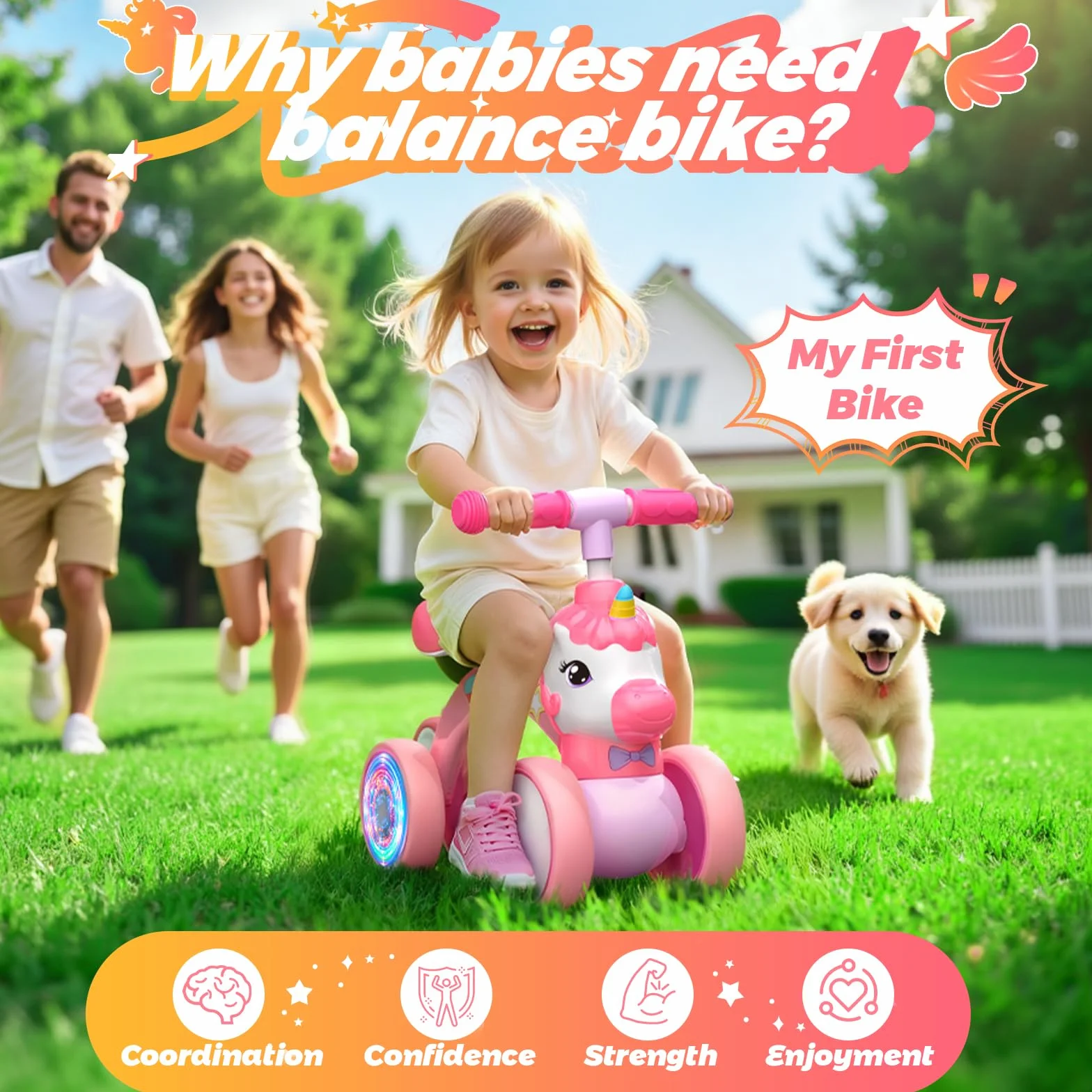 Bicicletta senza Pedali per Bambini 1-2 Anni, Bilanciere con Unicorno, Ruote Silenziose e Lucenti, Regalo per Bambini 1-2 Anni, Regalo di Compleanno, Rosa, Max 25kg