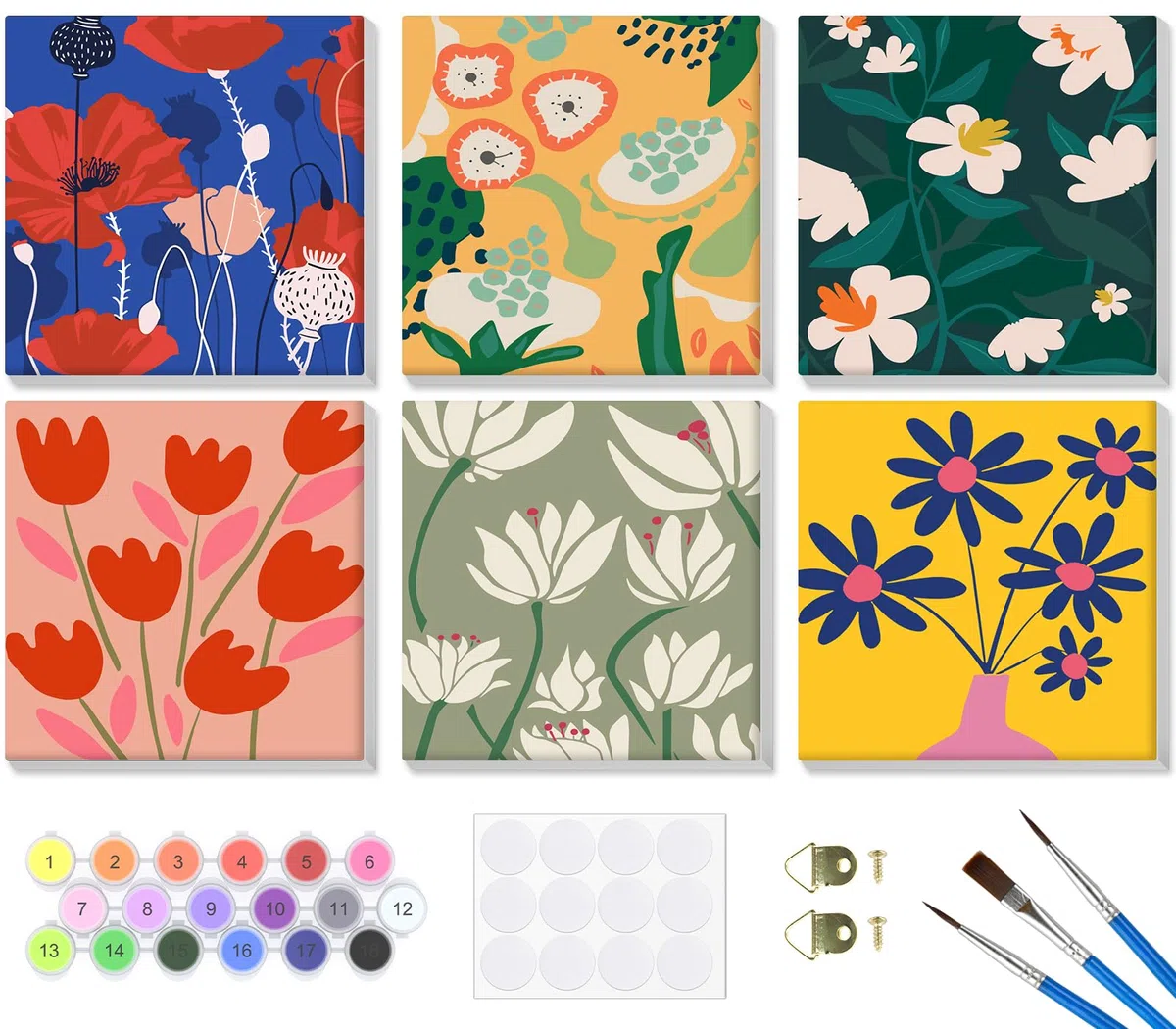 Lxmsja 6 Pezzi Dipingere con i Numeri Adulti Con Cornice, Fiore Paint by Numbers Kit Principianti Con 3 Penne, Hobby Creativi Adulti Idee Regalo Donna Decorazioni Casa - 20x20cm