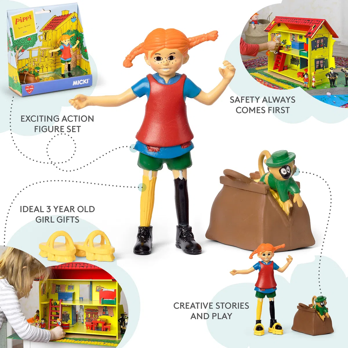 PIPPI LONGSTOCKING TOYS - Set di bambole a forma di casa delle bambole, Pippi e Mr. Nilsson, scimmietta di Pippi e Mr. Nilsson, valige con soldi, scarpe da spazzola, persone giocattolo, licenza