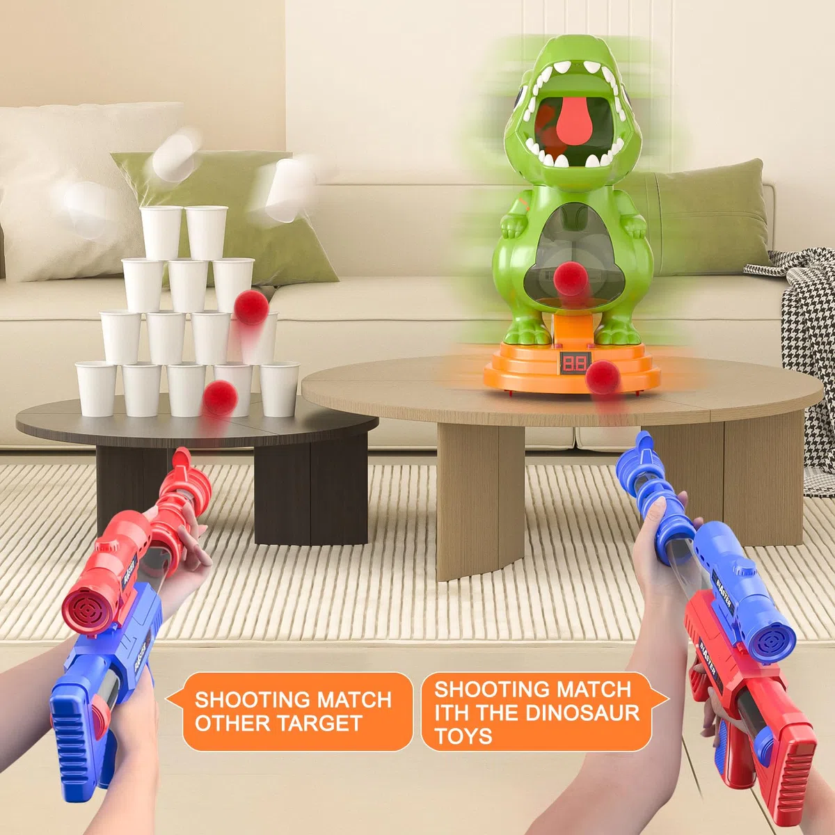 fygurso Giocattolo sparatutto Mobile con Dinosauri con 2 Pistole a Pompa d'Aria, Giochi di tiro al Bersaglio con punteggio LED, Luce e Suono, 24 Palline di Schiuma per 3+, Regalo per Ragazzo (Verde)